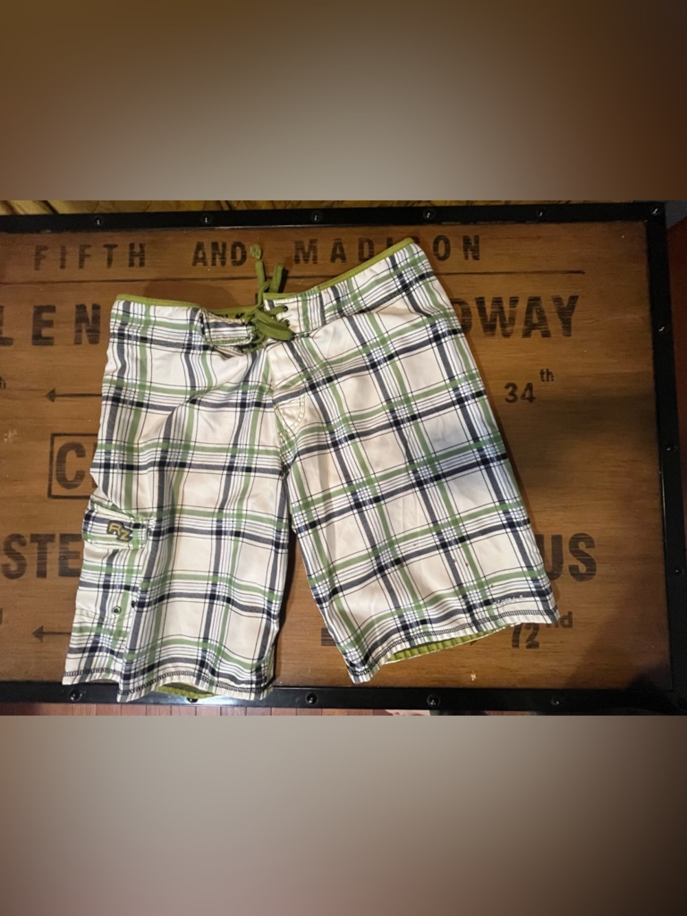 Men's White Plaid Swim Board Shorts with Green Trim